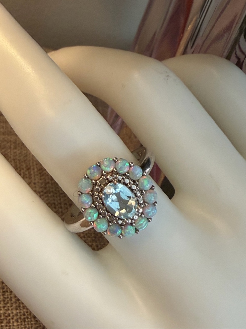 NIB simulated blue Opal Halo Ring w 15-crystal bezel - stainless beautiful - Picture 2 of 7